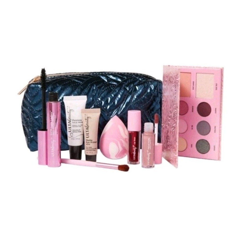Ulta Beauty Navy Blue Metallic 9 Piece‎ Summer Cosmetics Makeup Lot Bundle Set